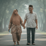 Pasangan lansia berjalan pagi bersama di taman sebagai bagian persiapan fisik calon jemaah haji